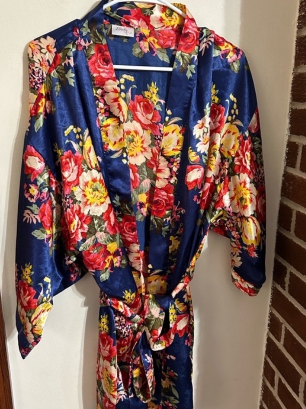 Ms Lovely Size XL Satin Blue Floral Kimono Robe
